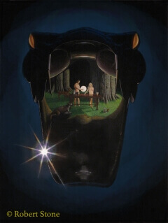 A nude man and woman are in a Disneyesque forest. They are behind a table holding a silver bowl spilling over with grapes and a jeweled chalice. The man is offering a glowing orb to her; she is skeptical. A deer, bunny, squirrel, and other animals look on. Creatures are climbing up to the scene from below. The one at the top looks benign-- the others, not so much. A star shines in the blue-black distance. As we pull back our gaze, we see that the whole scene is taking place inside of a viper's mouth.